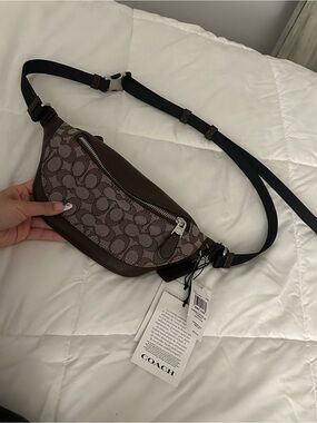 Coach Brown Signature Jacquard Belt Bag with Black Strap